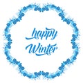 Beautiful lettering text of happy winter, with wallpaper ornate of blue flower frame. Vector