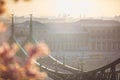 Beautiful Liberty Bridge at sunrise with cherry blossom in Budapest, Hungary. Spring has arrived to Budapest Royalty Free Stock Photo