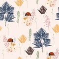 Beautiful light Autumn seamless pattern vector with mushrooms, berries, fern, herbs and leaves. Royalty Free Stock Photo