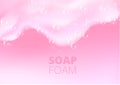 Beautiful light background with Bath pink foam and designed text. Shampoo bubbles texture. Sparkling pink shampoo and