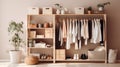 Beautiful light beige color modern woman home wardrobe with light textile clothes, fancy shoes interior design bedroom image. Calm