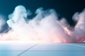 A beautiful light blue background with white smoke trailing across the floor with pink lighting. Generative AI. Royalty Free Stock Photo