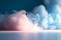 A beautiful light blue background with white smoke trailing across the floor with pink lighting. Generative AI. Royalty Free Stock Photo