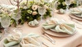 Beautiful light green and beige colors morning table decoration lace tablecloth and napkins, asian meadowsweet blossom branch,