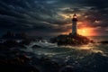 Beautiful lighthouse adorned nighttime seascape