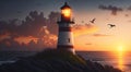 beautiful lighthouse by the ocean with sunset