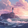 Beautiful lighthouse on a rocky coast at sunset. Vector illustration.