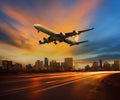 beautiful lighting of vehicle in land transportation and passenger jet plane flying above urban scene use for transport business