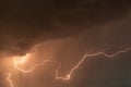 beautiful lightning during a thunderstorm at night in a forest that caused a fire, against a dark sky with rain Royalty Free Stock Photo