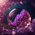 Beautiful lilac in a glass sphere flower among light flares on a dark background. AI Generated Illustration