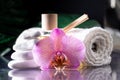 Lilac orchid flower, clear bottle of yellow oil, wooden sticks and towel with white stones and monstera on black surface Royalty Free Stock Photo