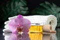 Lilac orchid flower, clear bottle of yellow oil, wooden sticks and towel with white stones and monstera on black surface Royalty Free Stock Photo