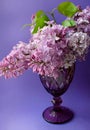 Beautiful lilac vintage faceted glass on a table with lilac flowers on a purple background