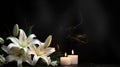 Beautiful lily and burning candle on dark background Royalty Free Stock Photo