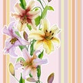 Beautiful lily flowers with green leaves on pastel striped background. Seamless floral pattern. Straight and vertical. Royalty Free Stock Photo