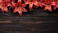 Beautiful lily flowers on wooden background, top view. Space for text