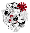 Beautiful line art Koi carp tattoo design,Koi fish carp with sunrise and sakura flower vector for tattoo design.