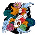 Beautiful line art Koi carp tattoo design ,colorful koi fish and flower. Idea for tattoo and coloring books.