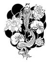 Beautiful line art Koi carp tattoo design ,colorful koi fish and flower. Idea for tattoo and coloring books.