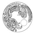 Beautiful line art of Phoenix for circle design on background.