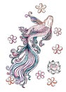 Beautiful line art of siam betta fish with sakura and lotus flower for doodle art design.