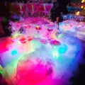 Beautiful line of different colored alcohol cocktails with smoke on a Christmas party, tequila, martini, vodka, and others on part