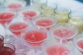 Beautiful line of different colored alcohol cocktails, tequila, martini, vodka, and others on decorated catering banquet table Royalty Free Stock Photo