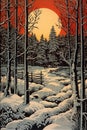 Beautiful Linocut Style Illustration of a Snow in the Forest Winter Landscape. Snowy Pine Trees and The moon on