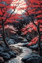 Beautiful Linocut Style Illustration of a Spring Sakura Trees. Japanese Landscape at Night. Poster Design.