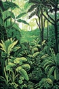 Beautiful Linocut Style Illustration of a Tropical Forest Summer Landscape. Organic Natural Color Green, black. Poster