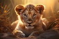 Beautiful lion cub at sunset
