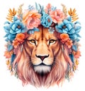 Beautiful lion head portrait with boho blue and red flowers wreath. Jungle animal watercolor illustration on white background Royalty Free Stock Photo