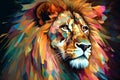 A beautiful lion, modern artwork, abstract colorful painting with geometric shapes. Hand drawn digital painting. Generative AI