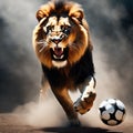 Beautiful lion with soccer ball, furious lion in stadium background.