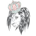 Beautiful lion wearing a crown. King of beasts. Vector illustration for greeting card, poster, or print on clothes.