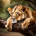 Lioness resting on a tree branch - ai generated image