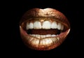 Beautiful lipped woman gold mouth. Sensual golden lips, sexy lip. Glossy luxury mouth.