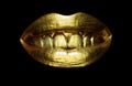 Beautiful lipped woman gold mouth. Sensual golden lips, sexy lip. Shine metalized lip.