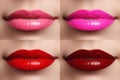 Beautiful lips collection color wine, fuchsia, pink, red. Beautiful make-up closeup. Sensual open mouth. Lipstick and lipgloss Royalty Free Stock Photo