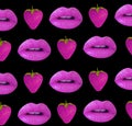 Beautiful lips, strawberry collage pattern on a colored background