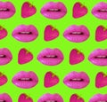 Beautiful lips, strawberry fruit collage pattern on a colored background Royalty Free Stock Photo