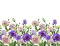 Beautiful lisianthus flowers with green leaves on white background. Seamless floral pattern. Watercolor painting.