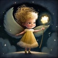 Beautiful little angel with magic wand in the night sky, illustration for children\'s book. Generative AI Royalty Free Stock Photo