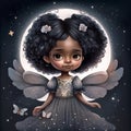 Beautiful little angel with wings in the night sky on the background of the moon, illustration for children\'s book. Royalty Free Stock Photo