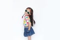 Beautiful little Asian kid girl wearing a flowers summer dress and sunglasses isolated on white background looking camera. Summer Royalty Free Stock Photo