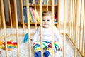 Beautiful little baby girl standing inside playpen. Cute adorable child playing with colorful toys. Home or nursery Royalty Free Stock Photo