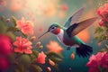 A beautiful little bird hummingbird flies in the spring in blooming flowers. Generative AI