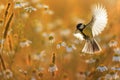 Beautiful little bird yellow tit flies over a field of white Daisy flowers in Sunny summer evening with feathers and wings spread