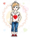 Beautiful little blonde girl posing backdrop with romantic hearts. Vector kid illustration