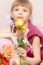 Little girl with a bouquet of tea roses. Royalty Free Stock Photo